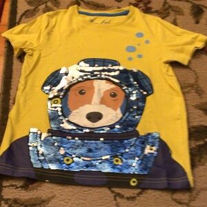 Mini Boden Yellow T‑Shirt with Blue Sequined Space Dog